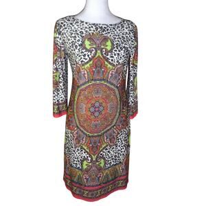 London Times Brown Animal Artsy Round Neck 3/4 Sleeve Bodycon  Sheath Dress 8P